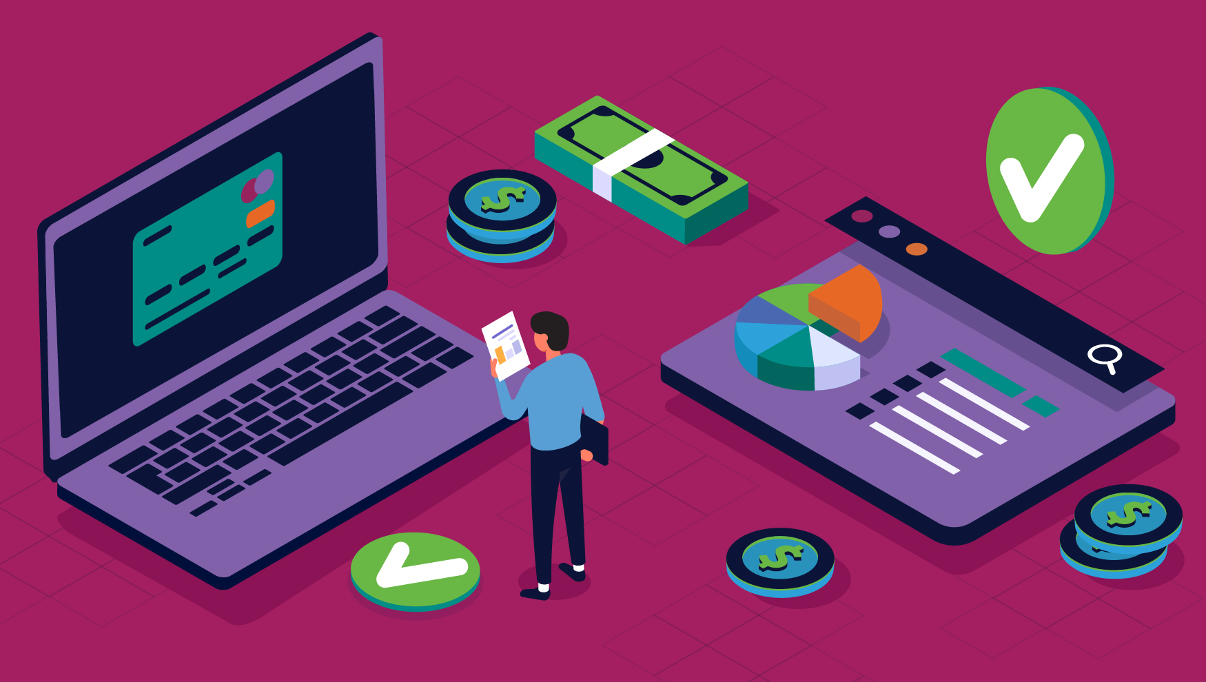 Illustration of person looking at a giant laptop surrounded by credit and payment cards - a demonstration of how recent Reg II changes and the Durbin Amendment impacts acquiring banks