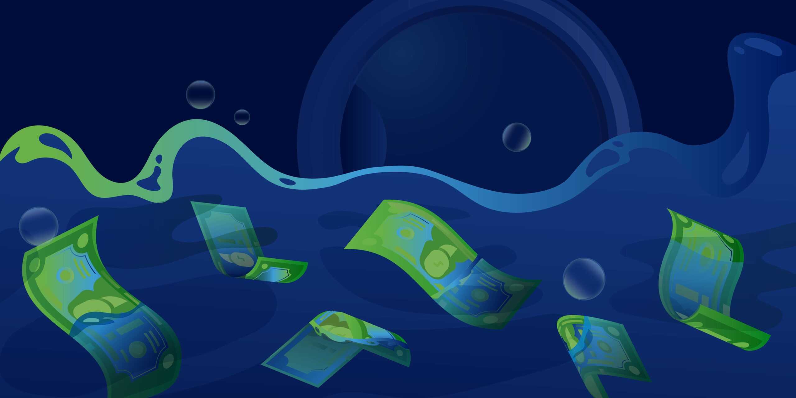 Illustration of blue and green money floating in water with soapy bubbles and door of the washing machine in the background