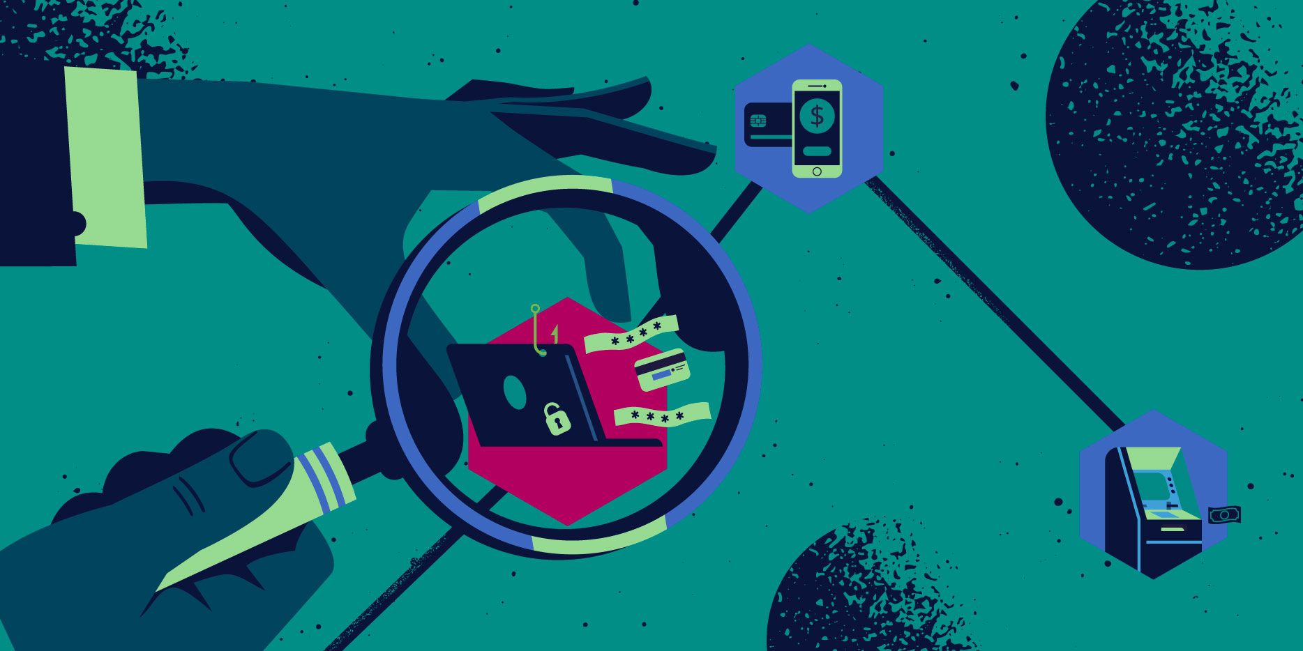 Magnifying glass over a credit card to illustrate how banks can mitigate ATO fraud attacks