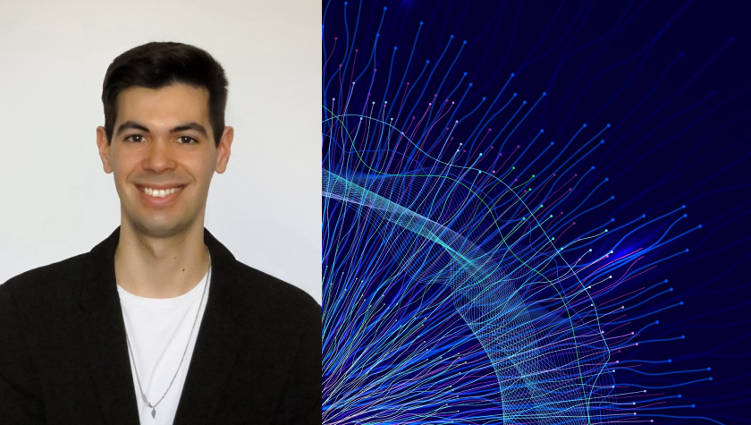 Photograph of Bruno Terroso, Product Marketing Intern, Feedzai; next to abstract data image