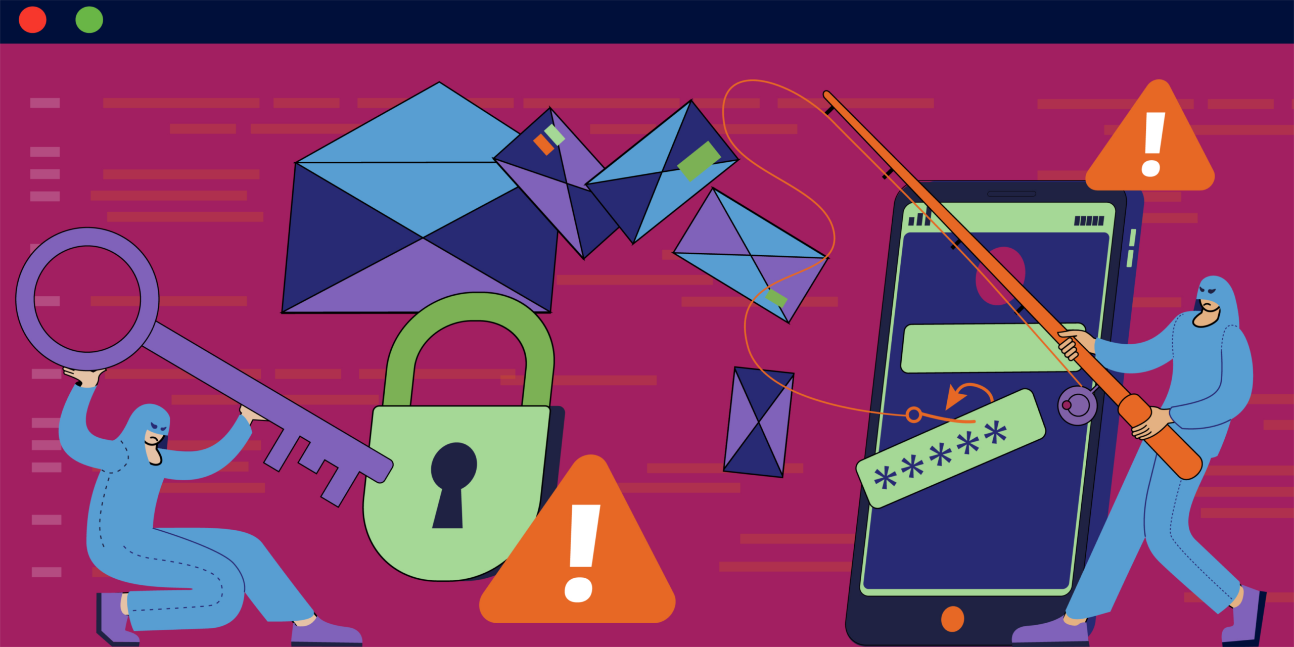 Illustration showing fraudsters committing account takeover fraud and how to use tactics like biometric authentication for account takeover fraud prevention.